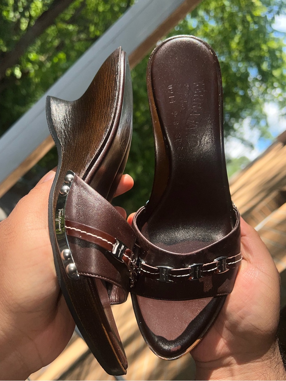 Salvatore Ferregamo Brown Women's Brown Leather Slide Sandals